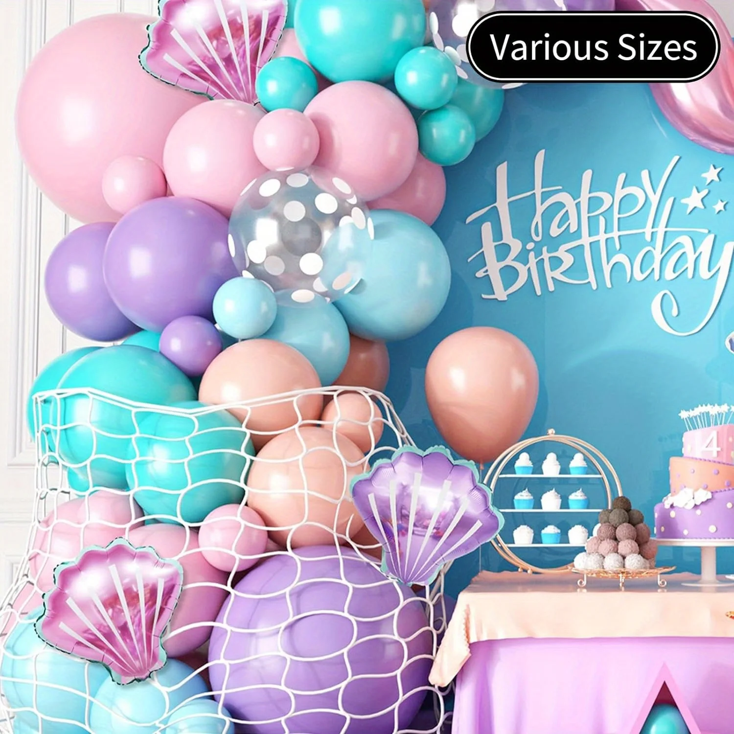 127 sztuk syrenka zestaw łuków balonowych, różowy fioletowy pomarańczowy niebieski balon w kropki motyw oceaniczny syrenka księżniczka dekoracja urodzinowa — zdjęcie 7