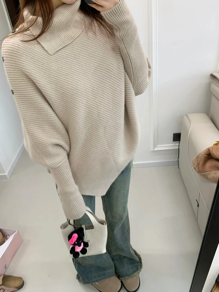 Irregular Sweaters Women Elegant Office Lady Autumn Winter Solid Turtleneck Long Sleeve Classic Stylish Korean Style Temperament