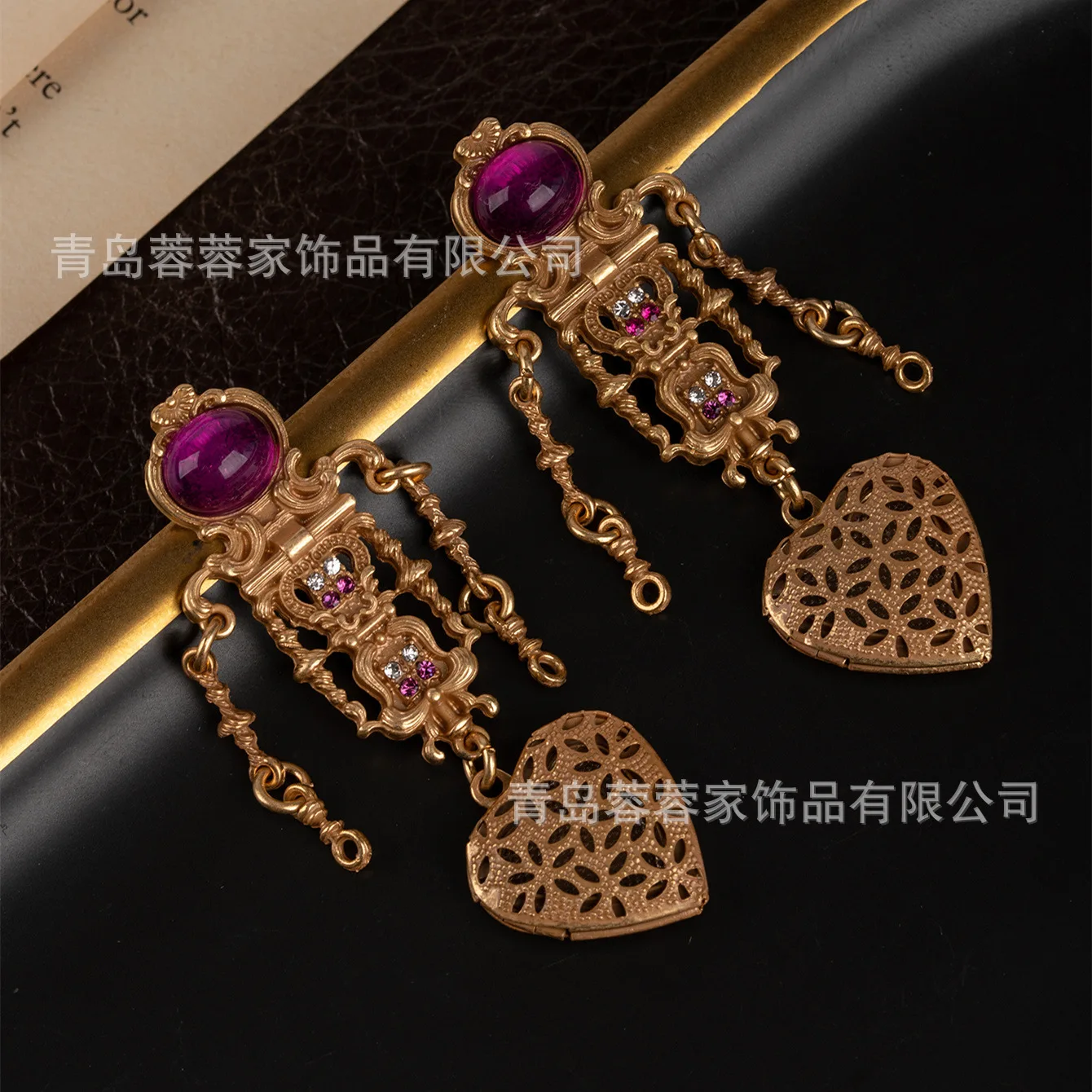 Medieval Enamel Gold Earrings Hollow Brushed Heart-shaped Women's Niche Design Stud Earrings