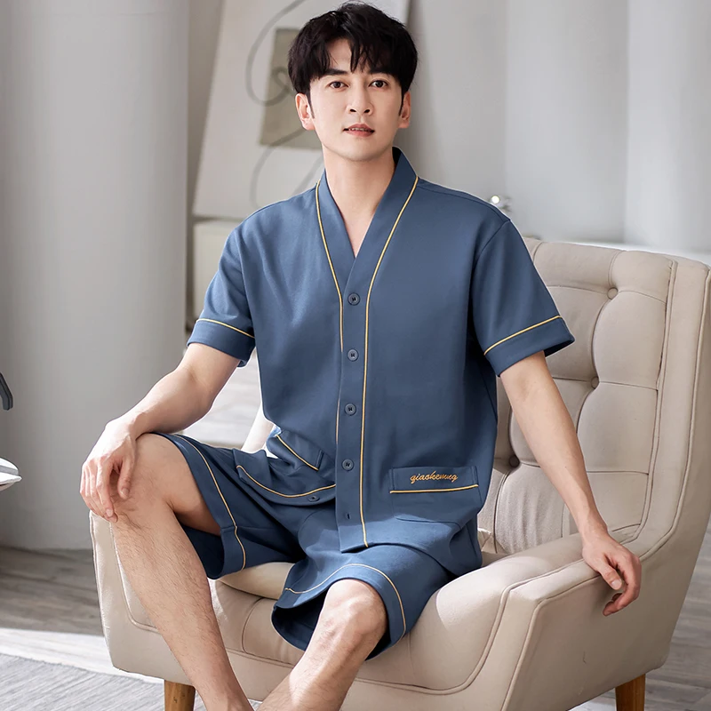 Men's 2 Piece Cotton Pajamas Sets Solid V-Neck Kimono Pyjamas Male Sleepwear Short Sleeve Shirt Short Pants Sleep Suits Homewear