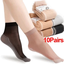 1/10Pairs Spring Summer Women Soft Socks Velvet Silk Socks Non-Slip Bottom Splice Transparent Ladies Ultrathin Breathable Sock