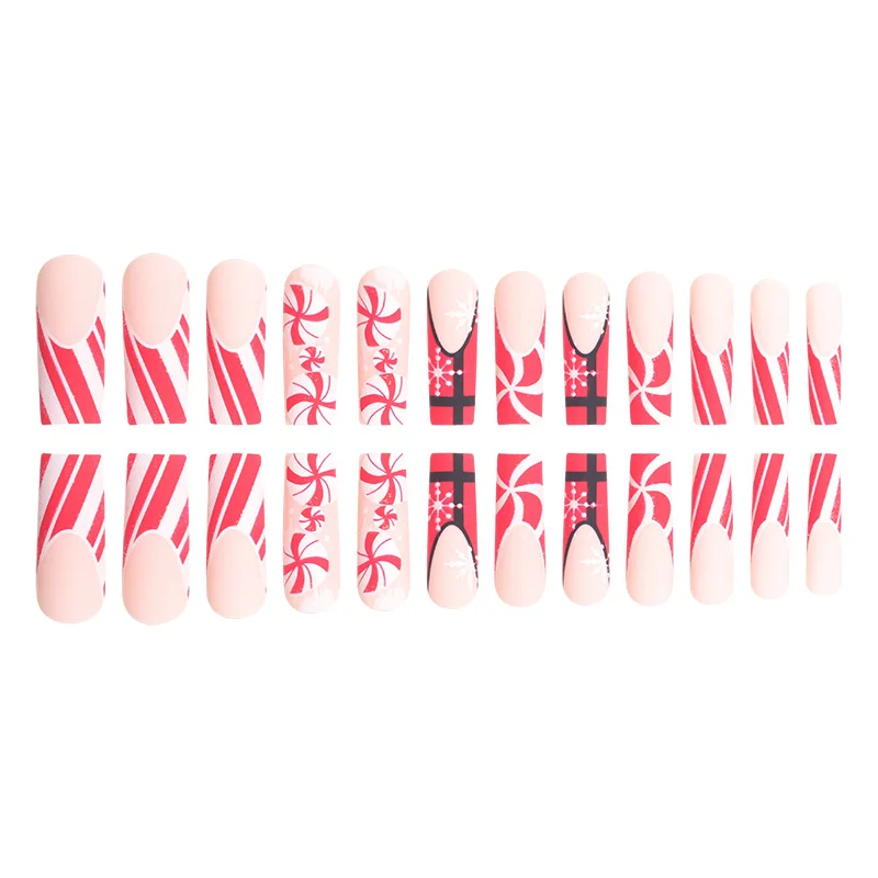 24 pieces of red French Christmas glitter matte fake nails in coffin shape suitable for daily use (with 1 jelly gel and 1 rubbin