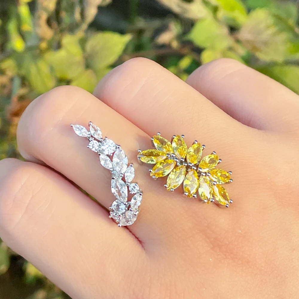 CWWZircons Sparkly Marquise Cut Yellow Cubic Zirconia Leaf Shape Engagement Adjustable Open Cuff Wrap Finger Ring for Women R222