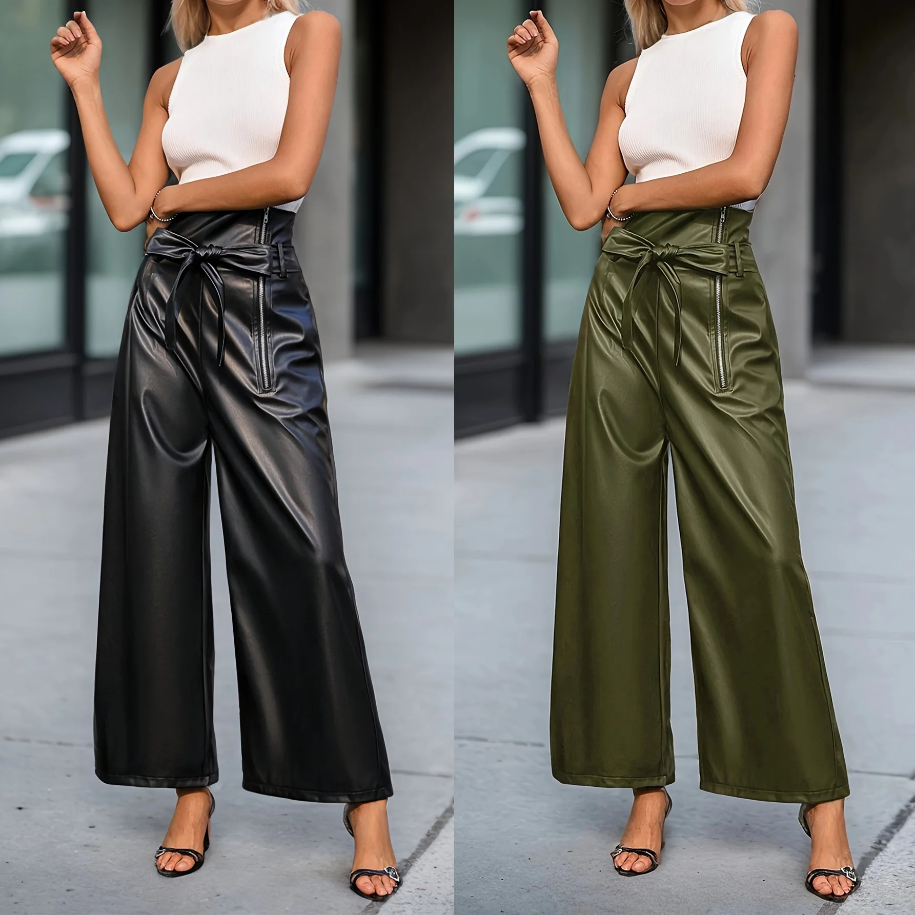 Trend Solid Color Pu Leather Pants Women Zipper Bowknot Leace-up High Waist Wide Leg Trousers Comfortable Casual Commuting Style