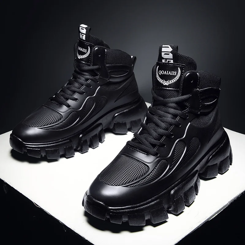 

Winter Plus Velvet Outdoor Increased Sports NonSlipThe New Round Shape Shoes Men Leather Boots Black High Gang Platform Boots