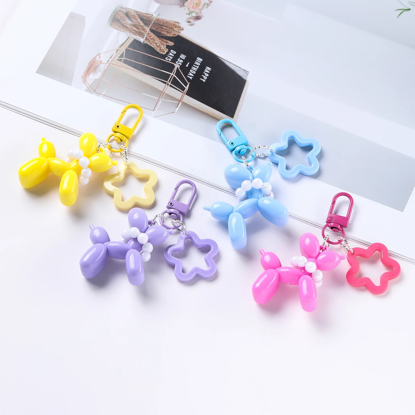 1pc Jelly Balloon Dog With Pearl Keychain Cute Bag Charm Hollow Pentagram Keyring Accessory for Car Purse Backpack Girls Gift - view 3