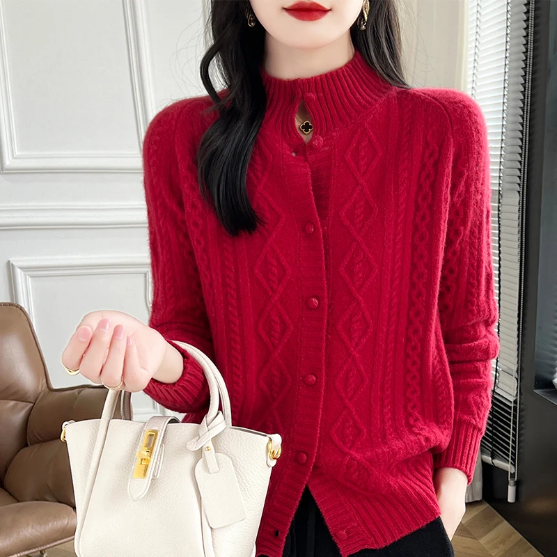 Autumn and Winter New Stand up Cashmere Cardigan Women\'s 100% Pure Wool Loose Fashion Sweater Casual Knitted Long Sleeve Top