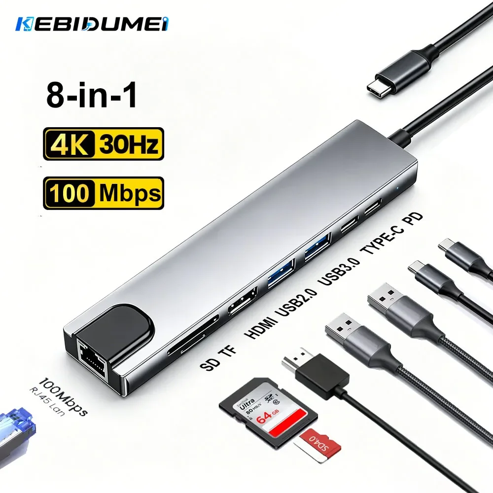 KEBIDUMEI USB-Hub 8-in-1 Typ-C zu 4K30Hz HDMI SD&TF 5Gbps USB3.0 RJ45 PD100W USB-Splitter Dockingstation für Laptop Macbook
