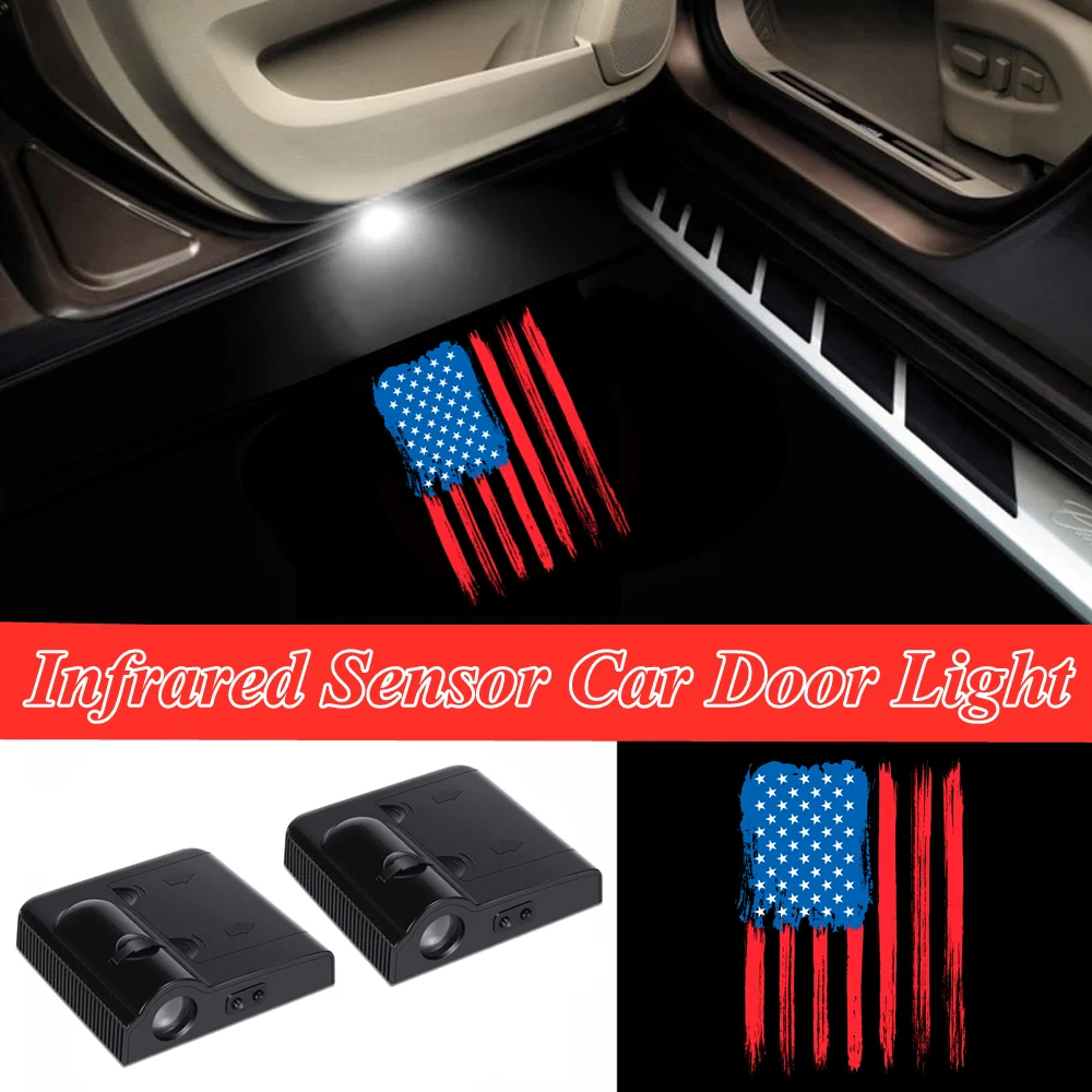 

Wireless 2x Car Door Vertical USA American Flag Logo Welcome Projector Shadow Lights Accessories