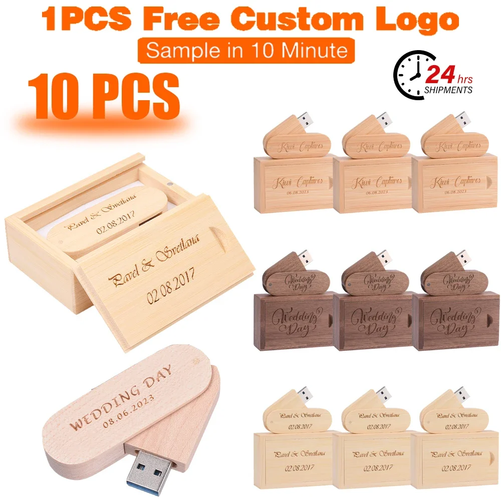 Free Custom Logo Wooden USB Flash Drive 128GB 10 PCS LOT Pen Drive 64GB Memory Stick Rotatable Wholesale U Disk Creative Gift