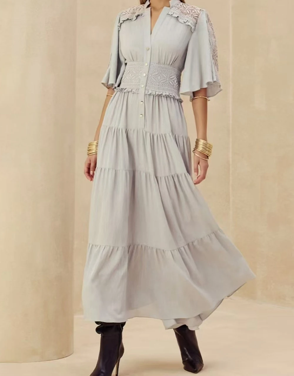 

2025 Spring and Summer New V-neck Single-breasted Waisted Ruffle Lace Splicing Short-sleeved Long Dress French Style-GDZDL095