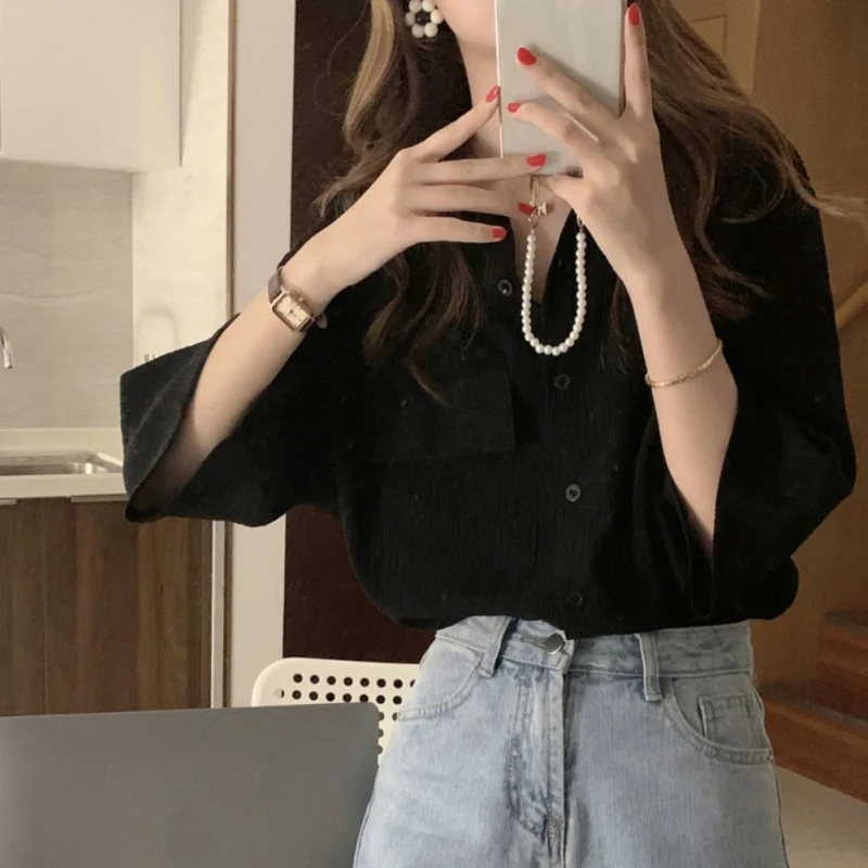 Vintage Chiffon Seven-minute Sleeve Shirt Female Summer Pleated Blouse Early Fall Lazy Wind Loose Shirts