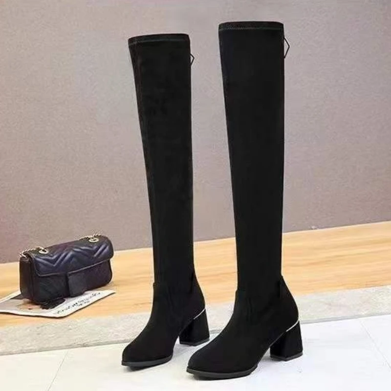 Women's Black Over The Knee Boots 2025 New Arrival Suede Leather Chunky Mid Heel Stretchy Slimming All Day Standing Comfort