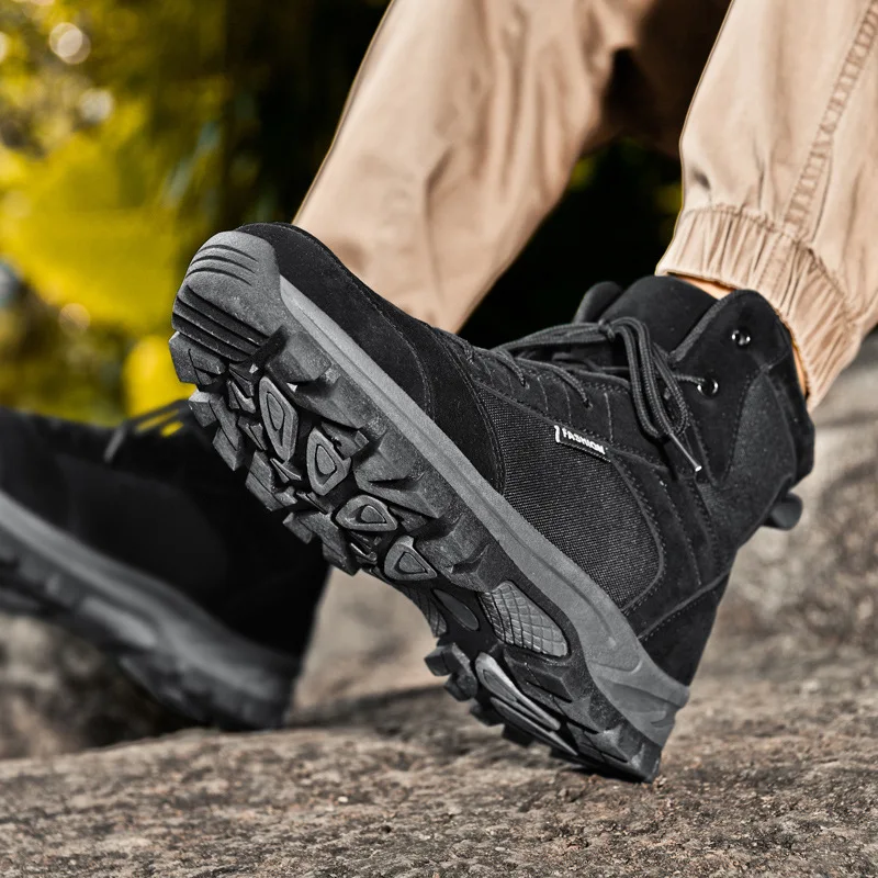 High quality high tops leather boots for men size 47 48  new 2023 autumn hiking outdoor mountain shoe black khaki brown