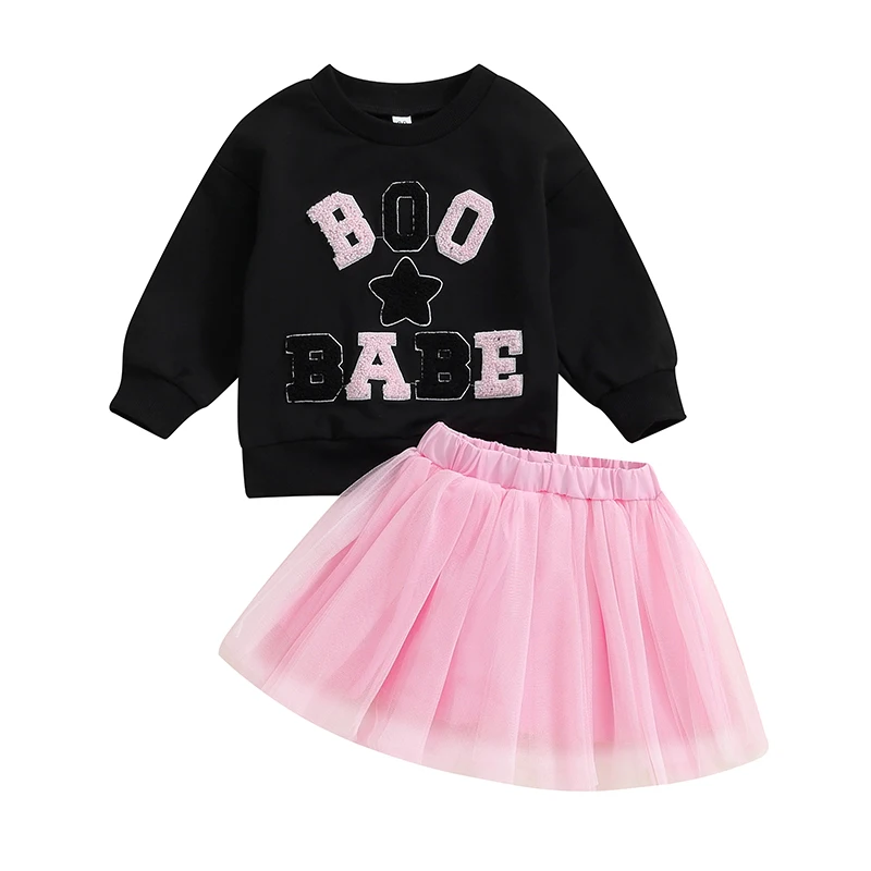 

Baby Girl Halloween Outfit Long Sleeve Crewneck Sweatshirt Tutu Tulle Skirt Set Halloween Pumpkin Boo Print Clothes