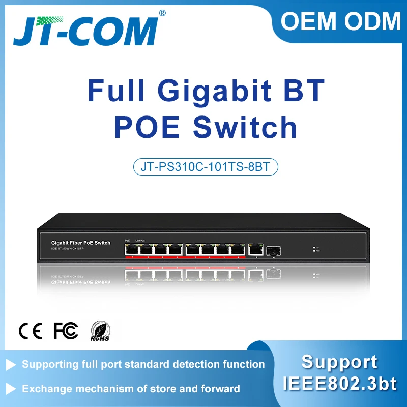 JT-COM 10-port Gigabit BT Ethernet POE Switch 8*100/1000Base-T POE ports + 1*1000M RJ45 port + 1*1.25G SFP switch