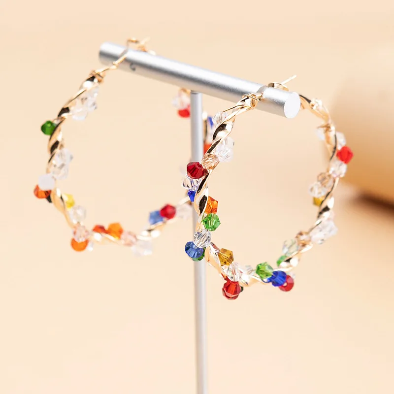 Pendientes étnicos bohemios Vintage de moda, cuentas de vidrio de colores mezclados, pendientes de aro de cuentas de Arroz Amarillo, pendientes de Metal de tres dimensiones