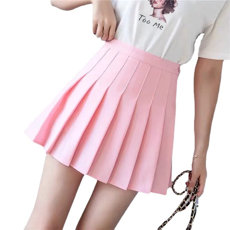 

High Waist Pleated Skirt Women's SummerJKStudent Korean Style Solid Color with LiningaLine skirt