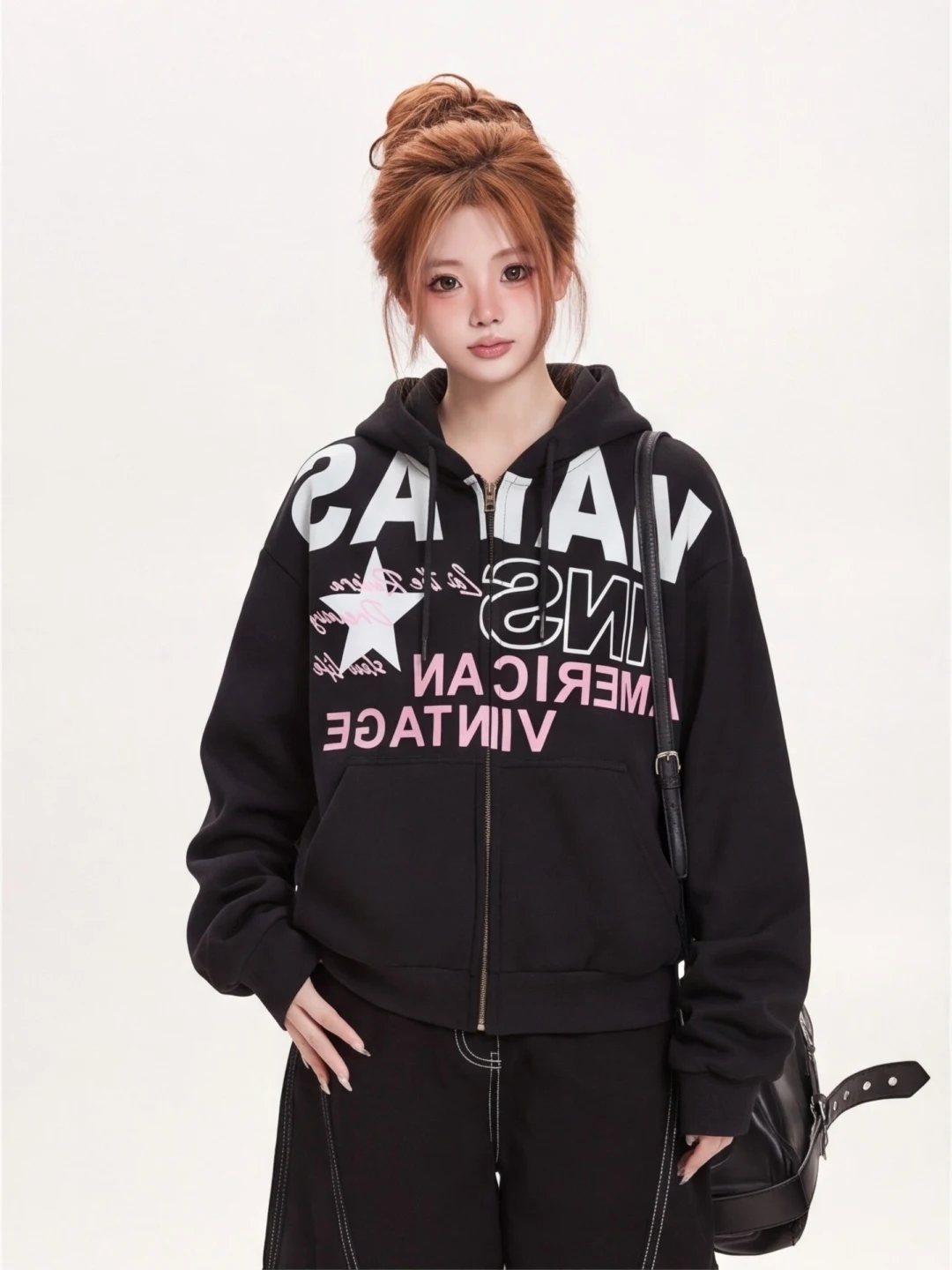 Ant American Retro Letter Print Hooded Open Cardigan Sweatshirt Women's Autumn Student Shape Versatile Outerwear Casual Loose...