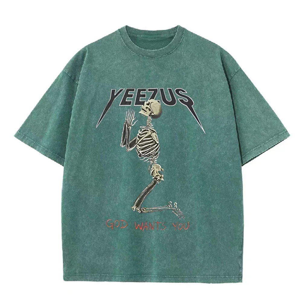 2026 Vintage Kneeling Praying Skeleton Graphic Black Acid Washed T Shirt Dark Gothic Religious Streetwear Oversized Unisex Short