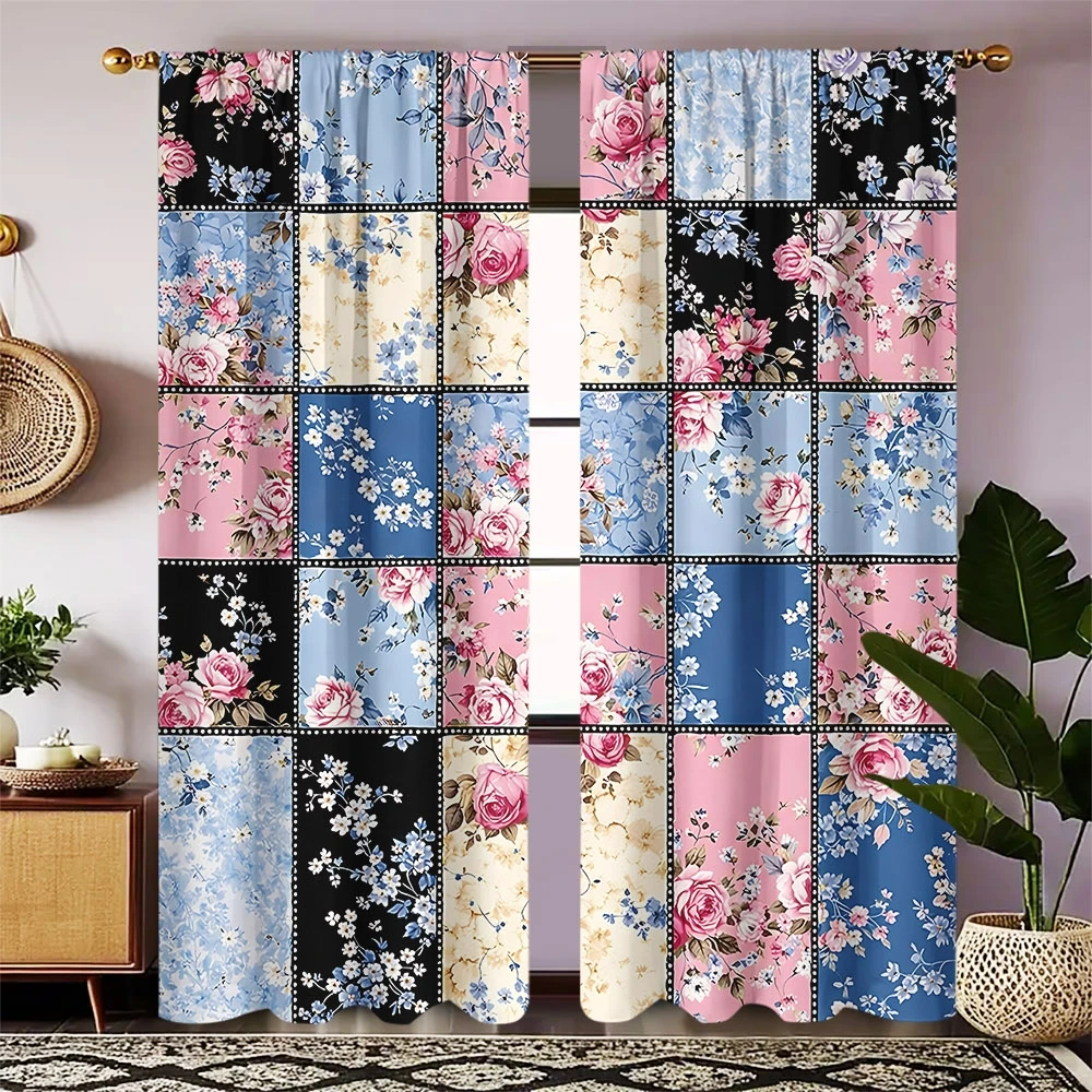 Patchwork Grid Pink Blue Rose Floral Blackout Rod Pocket Curtain Vintage Small Flower Decor Cottage Homestay Bedroom Rest Bay