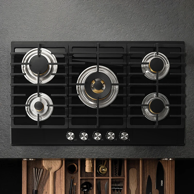 Stufa a gas incorporata di fascia alta da 880 mm, GPL/NG con blocco di sicurezza per bambini e protezione antincendio, vetro temperato per cucina domestica