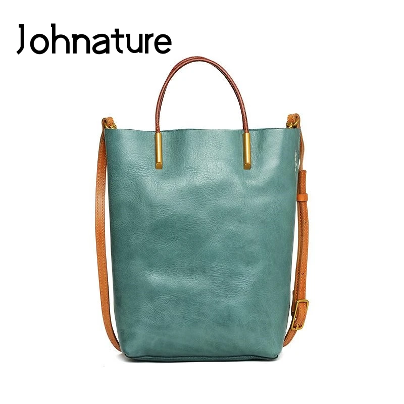 Johnature Retro Handbag Genuine Leather Women Tote Bag 2024 New Simple Large Capacity Soft Cowhide Shoulder Messenger Bags