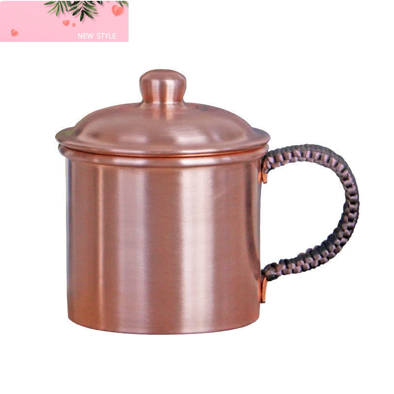 

Кружка ручной работы из чистой меди для пива, кофе с крышкой, тканая ручка, утолщенная полировка, 250 мл, подарочная чашка для завтрака, посуда для напитков