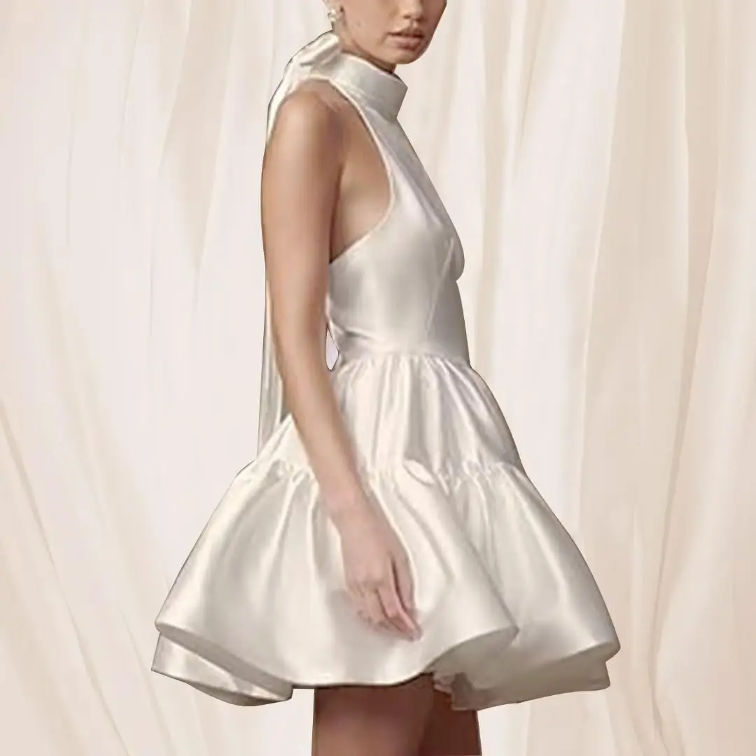 Короткие атласные платья для встречи выпускников для подростков, вечернее платье без рукавов с бантом, простое женское коктейльное платье выше колена, мини