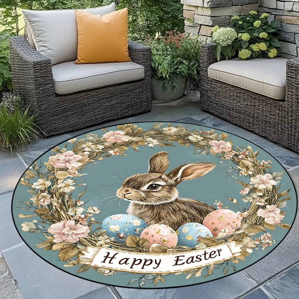 Retro Floral Rabbit Round Rug – Whimsical Decorative Floor Mat for Bedroom, Living Room or Garden