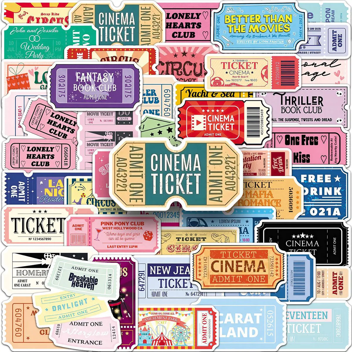 50 Vintage Distressed Ticket Stub Stickers, Movie and Circus Ticket Elements, DIY Journal Decoration Materials