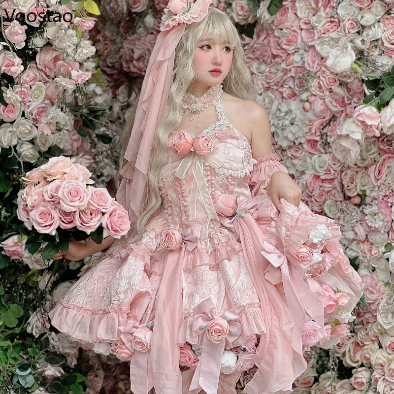 Vintage Harajuku Lolita Princess Dress Women Sweet Lace Rose Flower Elegant Evening Party Dresses Kawaii Sleeveless Fairy Dress