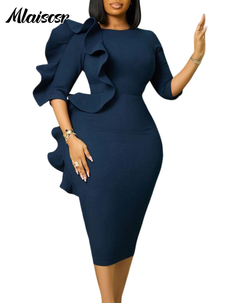 Mlaiscsr O-Ausschnitt, Rüschen, Schößchen, 3/4-Ärmel, Paket, Hüfte, mittleres Kleid, Damen, elegant, Anlass, Geburtstag, afrikanische Hochzeit, Urlaubskleider