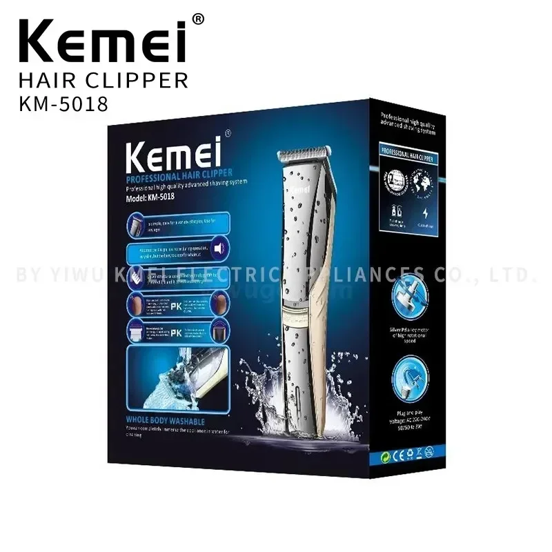 Kemei-KM-5018 Profissional Recarregável Aparador De Cabelo Elétrico para Homens, Máquina De Corte Lavável, Ferramentas De Estilo, Bateria, Empurrar, Cortar