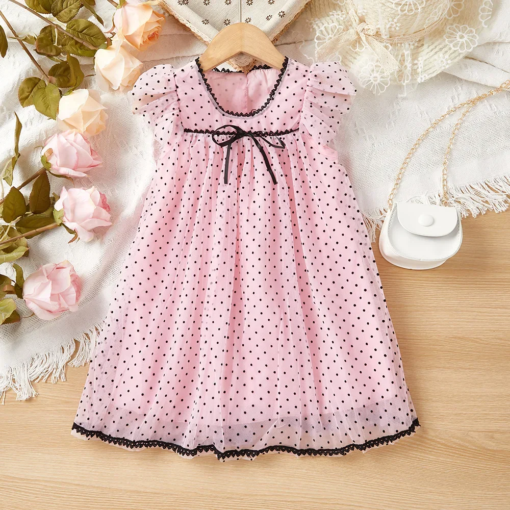 Summer Girl's Net Yarn Wavy Dot Dress Kids Fashion Flying Sleeve Toddler Clothing Little Girl Cute Party Princess Dress