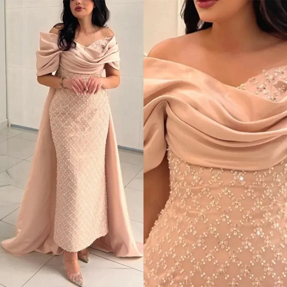 Saudi Arabia Prom Dresses Pink Sleeveless Sequins Evening Gowns Off The Shoulder Sweep Length Formal Women Wedding Party Dress