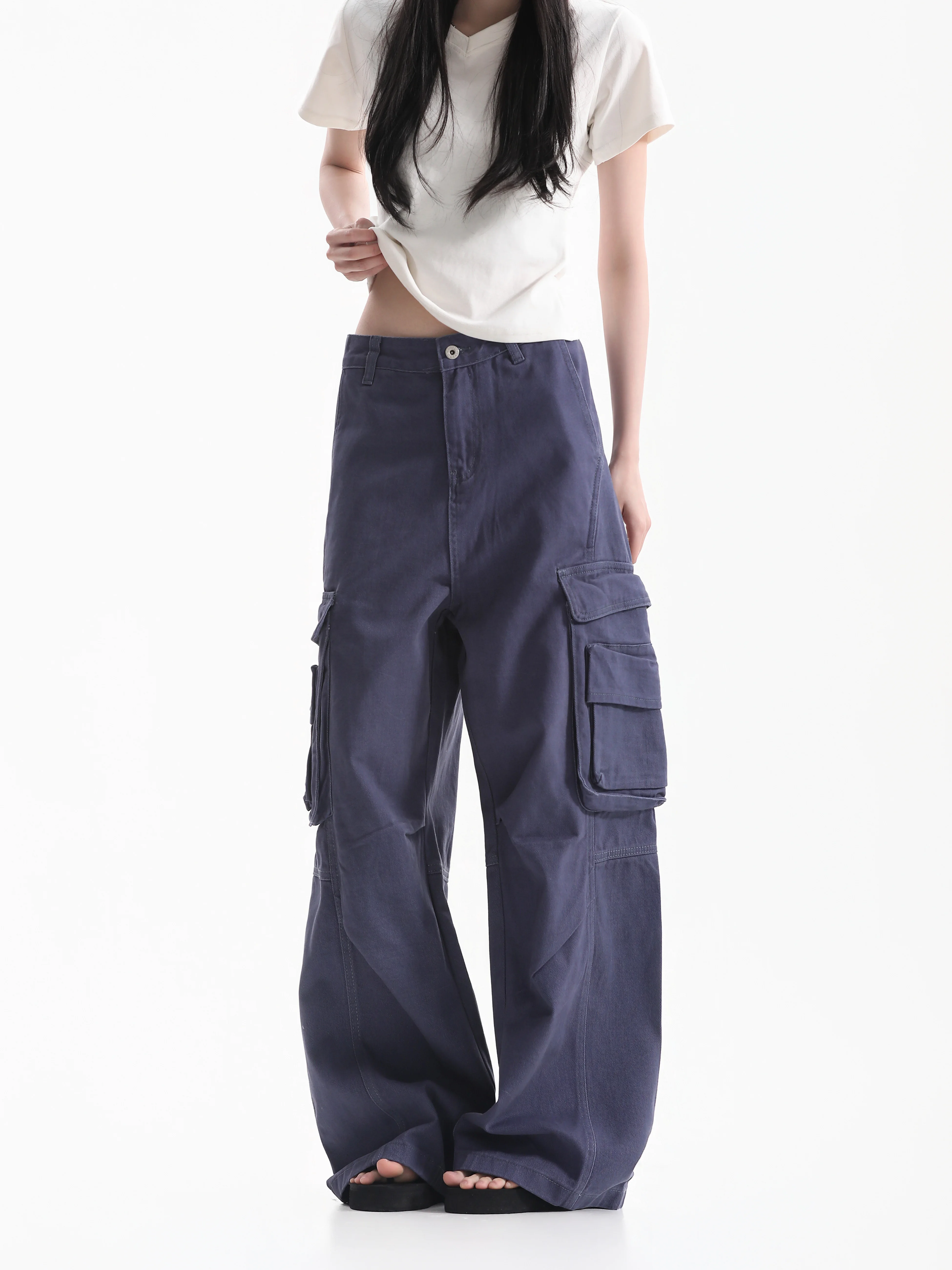 Retro American Washed Blue Work Pants Women's Neutral Wide Leg Pants with Big Pockets Casual Comfortable Cotton Jeans