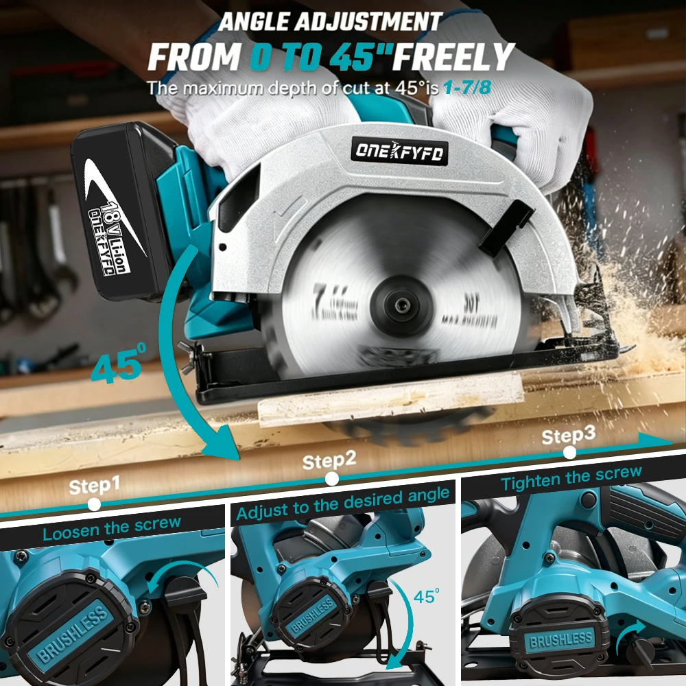 ONEKFYFD 7 Inch Brushless Electric Circular Saw Cordless Efficient Woodworking Cutting Power Tools For 18V Lithium-Ion Battery