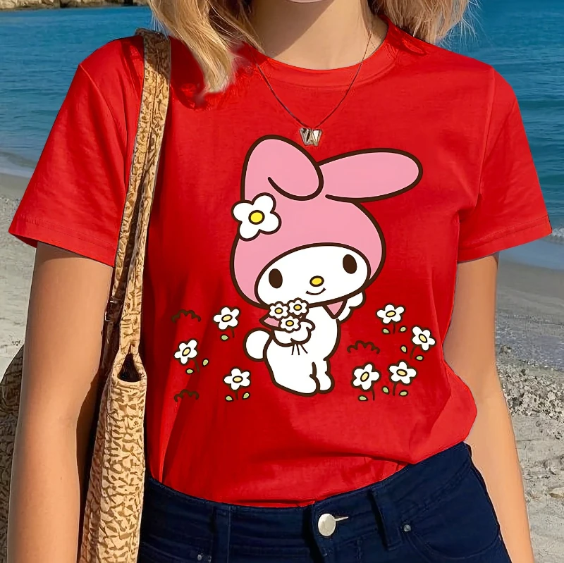 

Женская футболка Sanrio с милым кроликом и коротким рукавом, повседневная летняя, которую можно стирать в машине.