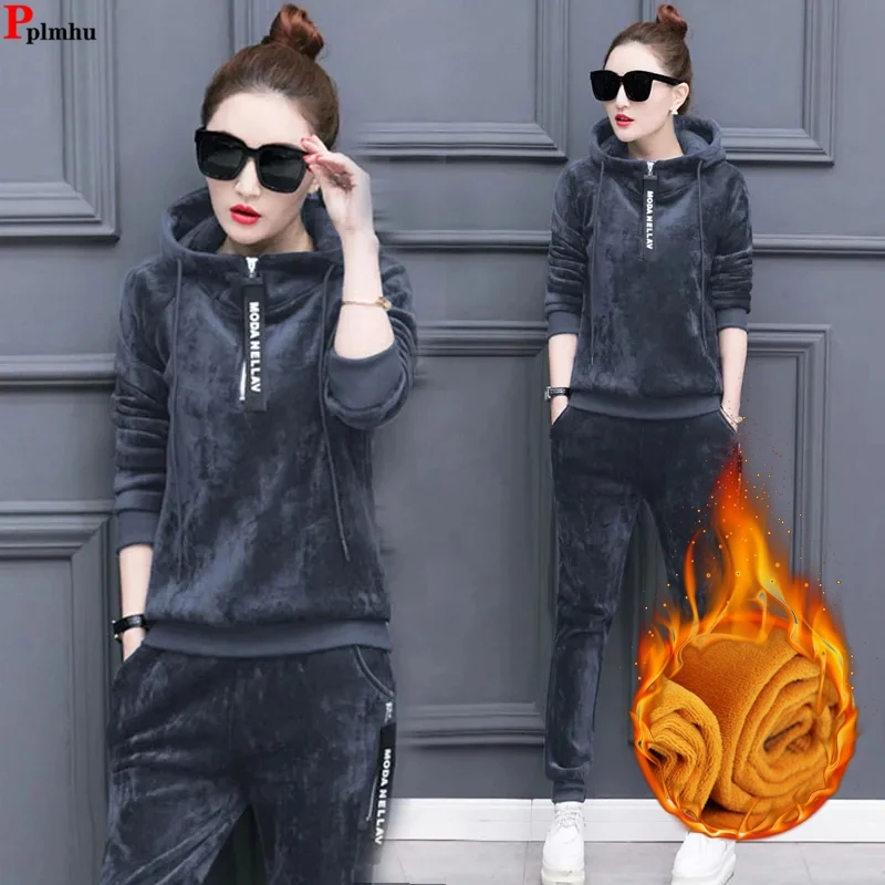 Winter Thicken Velvet 2 Pieces Sets Hooded Sweatshirt Tops Tracksuit High Waist Harem Ankle Length Pant Suits Plush Lined Outfit