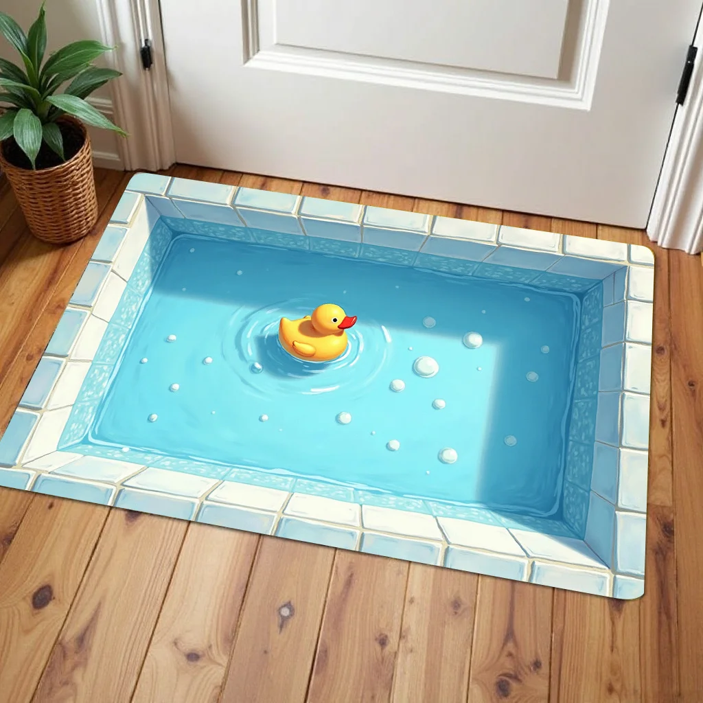 A Polyester Bath Mat Featuring a Small Yellow Duck Floating in a Blue Pool Design, 1cm+450g/m², Available in Multiple Sizes. S