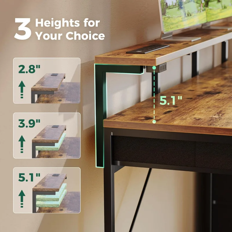 Gaming Desk with 6 Drawers, Computer Desk with LED Lights Power Outlets and Type-C, 47 Inch Office Desk with Storage, Monitor S