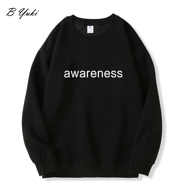 

Blessyuki Awareness Letter Print Hoodies Women Autumn Winter Casual Simple O-neck Thin Pullover Ladies Basic Cotton Harajuku Top