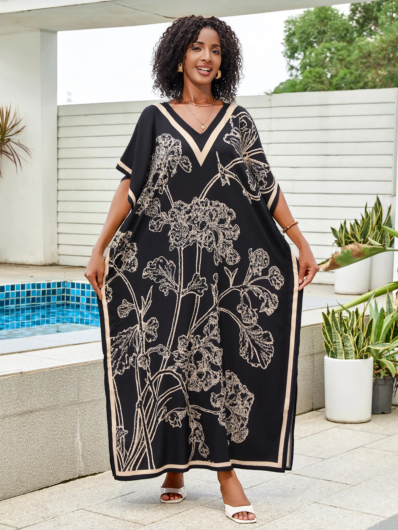 Women Summer Light Rayon Printed Kaftan Robe Trendy Beach Poolside Bikini Swimwear Cover Up Dress