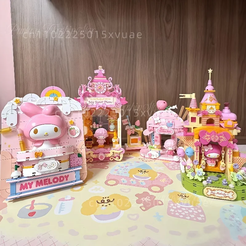

Keeppley Sanrio Building Blocks My Melody Kuromi Hello Kitty Pom Purin Street View Educational Toy Set Pieces Children Gifts