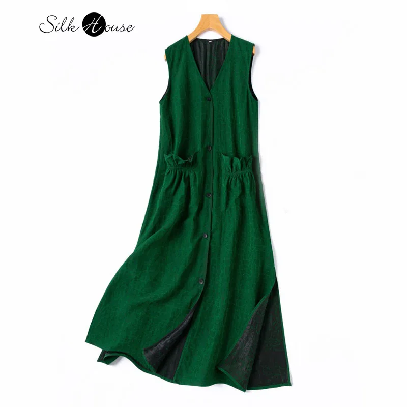 

Retro Style 100% Natural Mulberry Silk Turtle Crack Gambiered Guangdong Gauze Sleeveless Women's V-neck Green Vest Dress