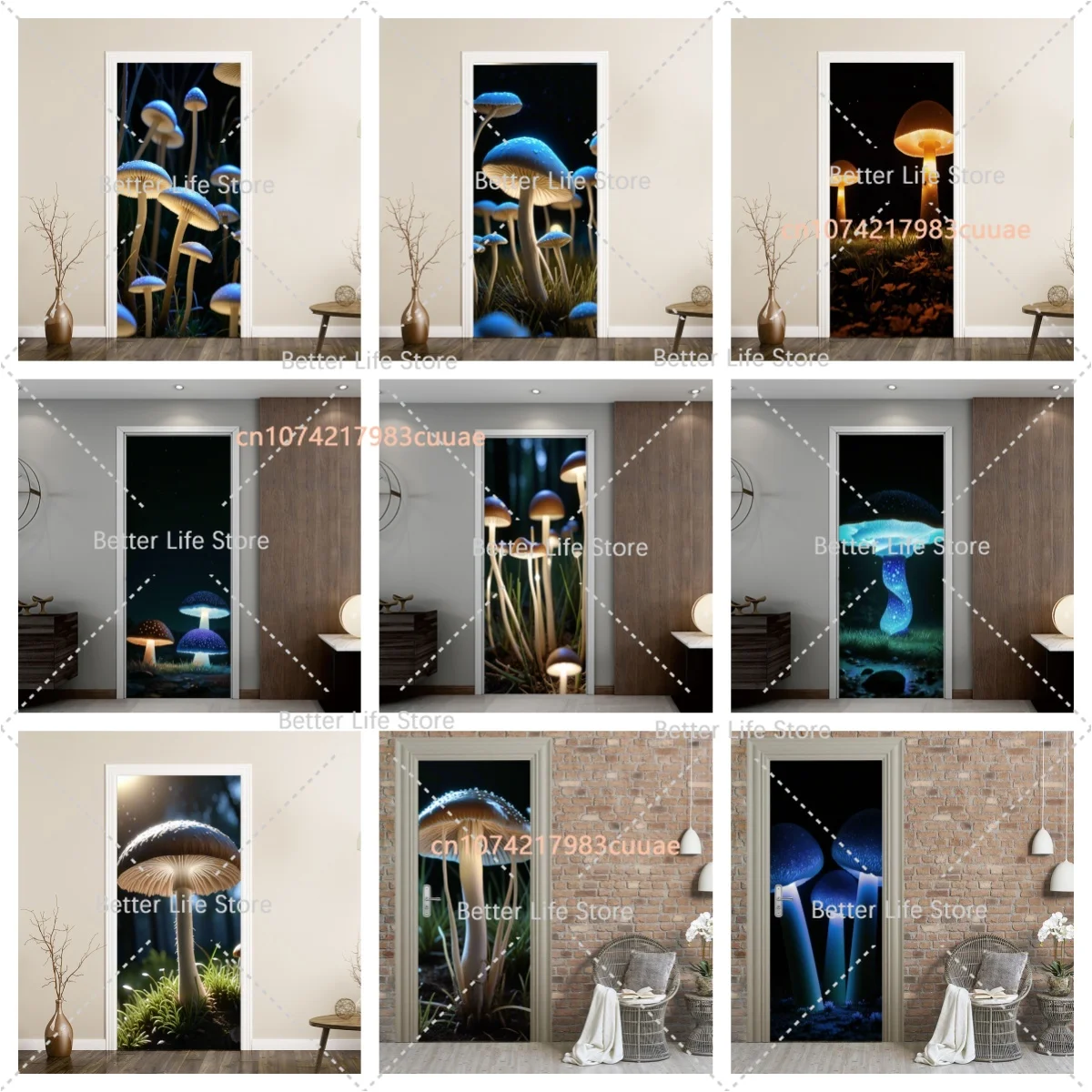 

Mushroom Natural Scenery Door Sticker Creative Wall Painting Adhesive Waterproof PVC Wallpaper Wardrobe Decoration