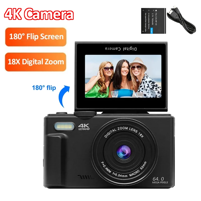 4K Digital Camera Compact Digital Photography Camera 18X Digital Zoom Vlog Video Recorder YouTube 180°Flip Screen Selfile Camera