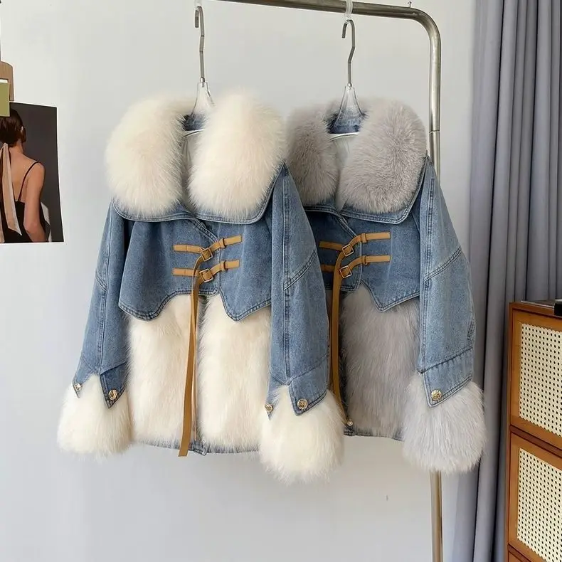 2024 winter fur collar Down inner jeans Parkas women fashion short denim splice imitation fox fur coat female loose Outwear R370