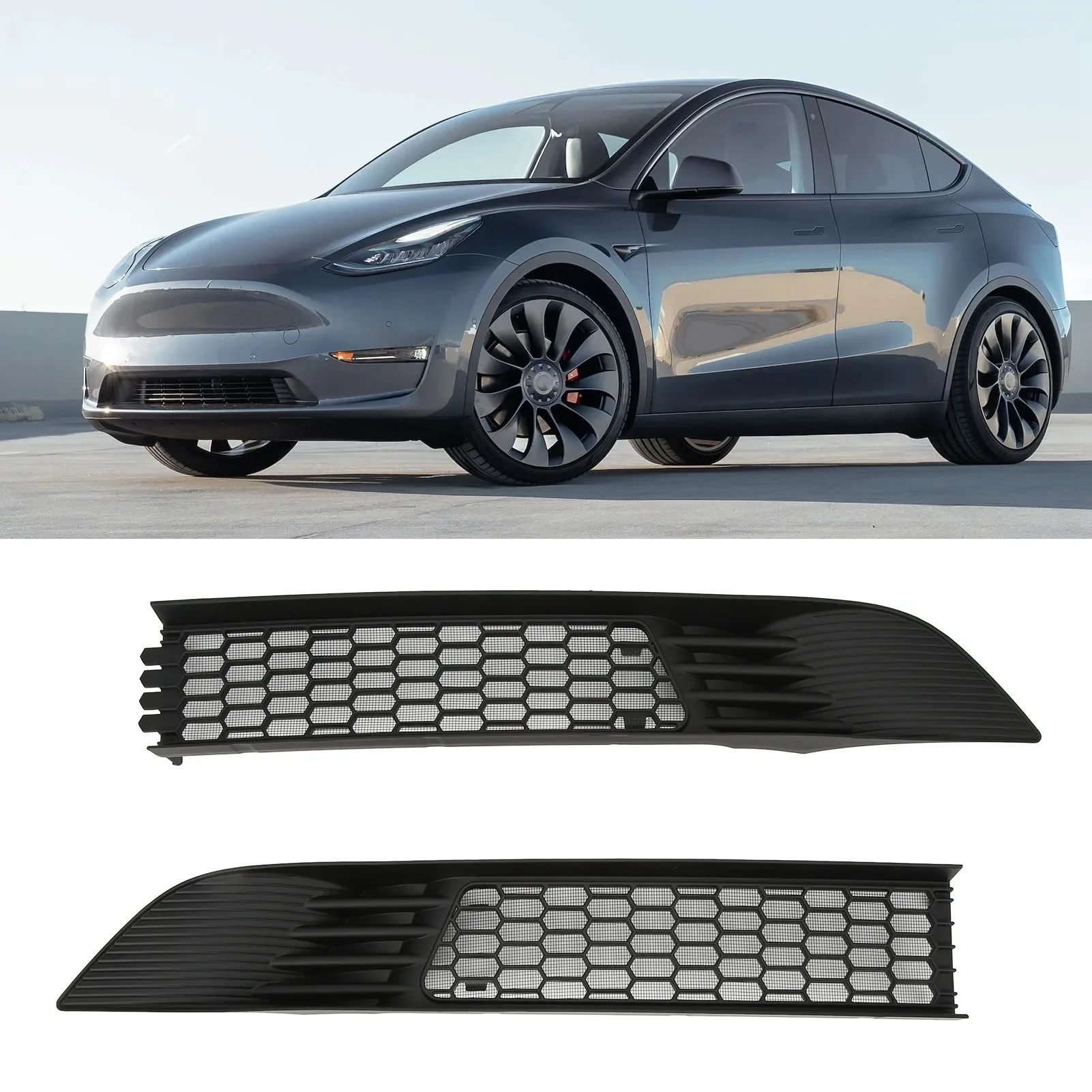 2PCS Front Grill Mesh Bright Black Bumper Vent Grille Replacement For Tesla Model Y 2020‑2023